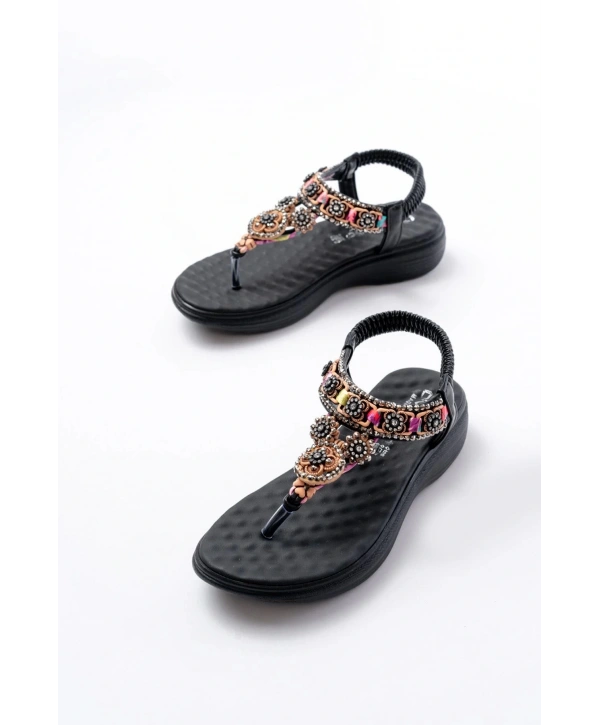 DM-609 Siyah Taşlı Arka Lastikli Parmak Arası Kadın Sandalet