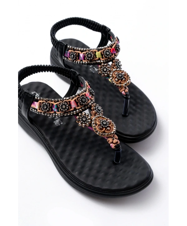 DM-609 Siyah Taşlı Arka Lastikli Parmak Arası Kadın Sandalet