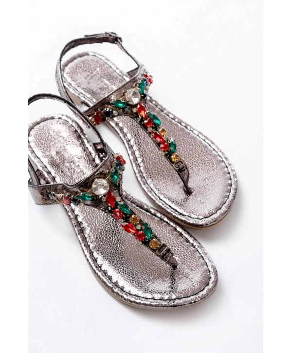 152-1110 Platin Multi  Taşlı Parmak Arası Kadın Sandalet