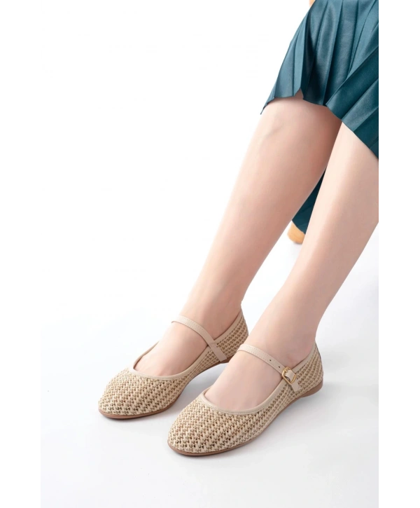 7432 Bej Fileli Toka Detaylı Günlük Kadın Babet