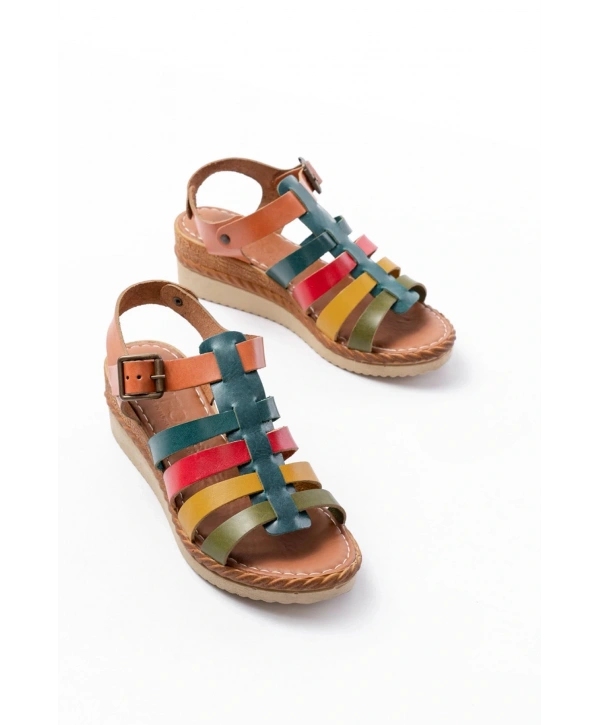 731-204 Multi  Hakiki Deri Dolgu Topuklu Günlük Kadın Sandalet