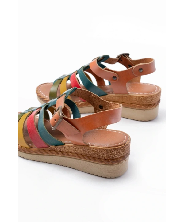 731-204 Multi  Hakiki Deri Dolgu Topuklu Günlük Kadın Sandalet