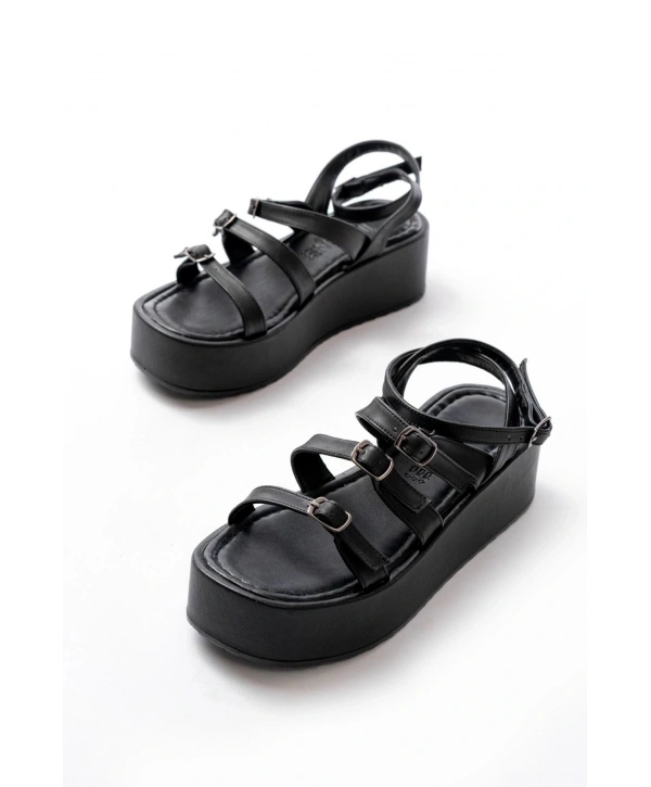 861-1222 Siyah Tokalı Bilekten Bağlamalı Dolgu Kadın Sandalet