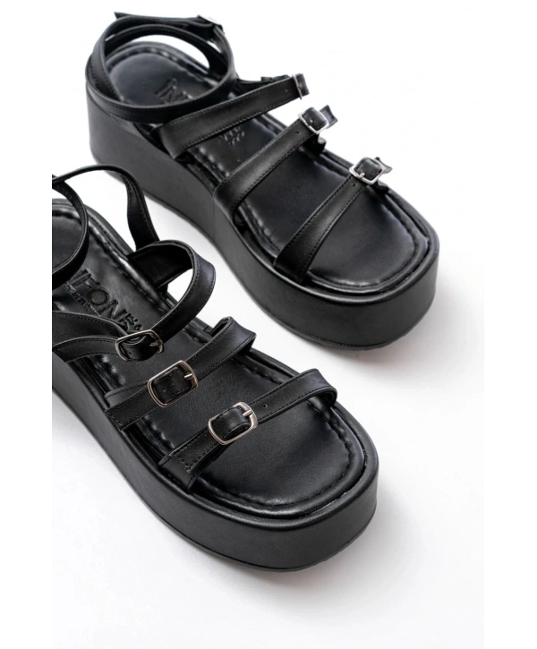 861-1222 Siyah Tokalı Bilekten Bağlamalı Dolgu Kadın Sandalet