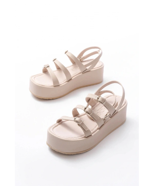 861-1222 Bej Tokalı Bilekten Bağlamalı Dolgu Kadın Sandalet