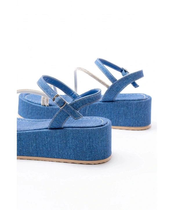 861-1017 Mavi Kot Taşlı Dolgu Topuklu Kadın Sandalet