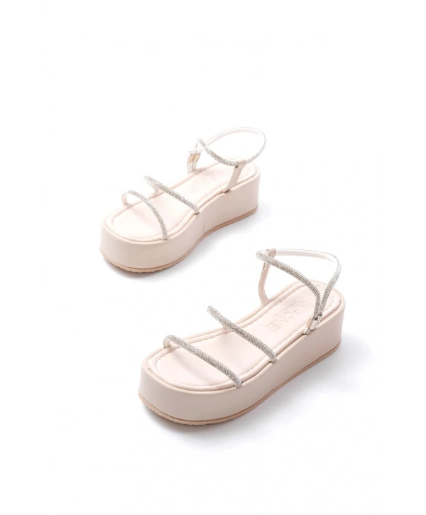 861-1008 Bej Gümüş Taşlı Dolgu Topuklu Kadın Sandalet