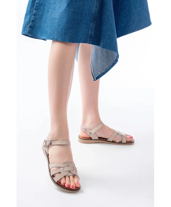 205-030 Bej Hakiki Deri Ortopedik Taban Kadın Sandalet