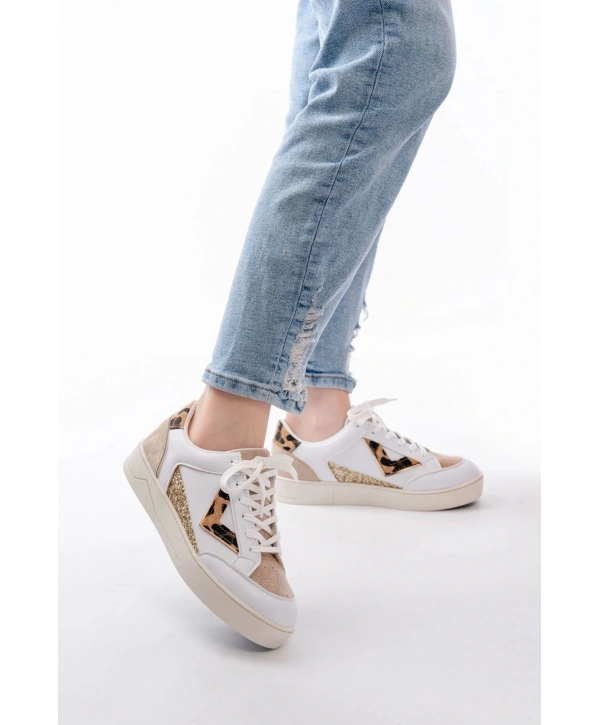 SV-01 Beyaz Leopar Desenli Bağcıklı Kadın Spor Ayakkabı