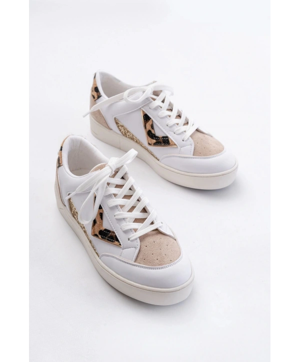 SV-01 Beyaz Leopar Desenli Bağcıklı Kadın Spor Ayakkabı