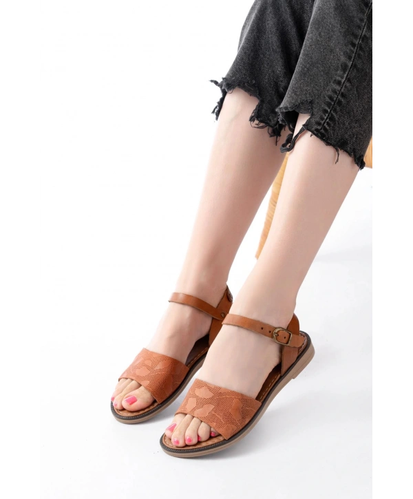 205-012 Taba Ortopedik Hakiki Deri Kadın Sandalet