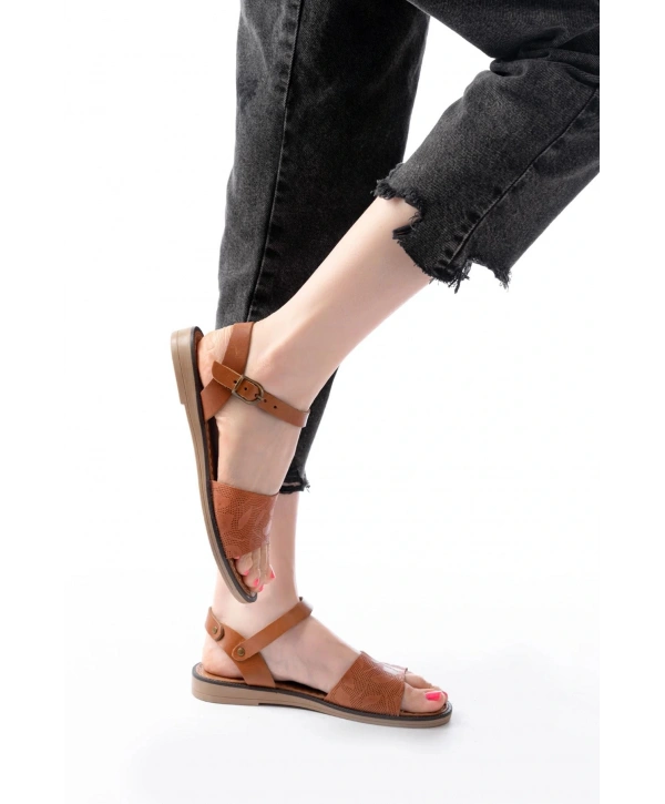 205-012 Taba Ortopedik Hakiki Deri Kadın Sandalet