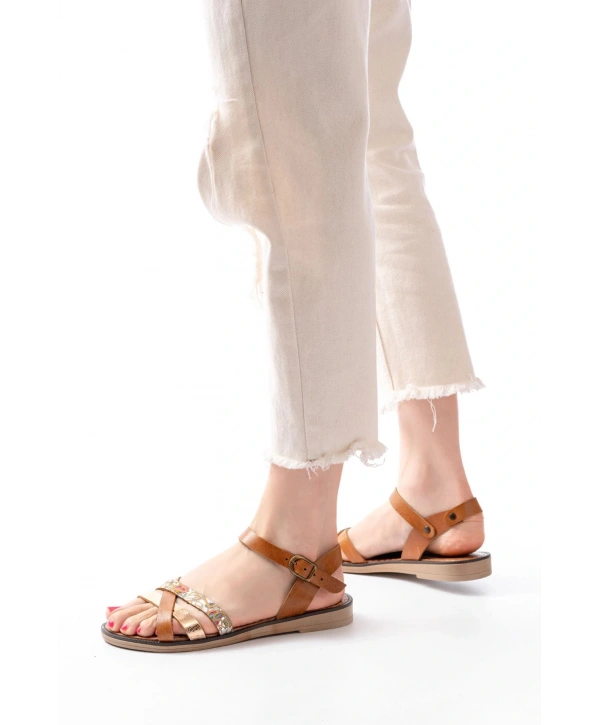 205-015 Taba Garni Ortopedik Hakiki Deri Kadın Sandalet