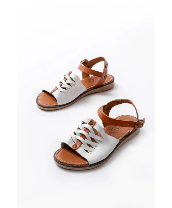 205-029 Beyaz Ortopedik Hakiki Deri Kadın Sandalet