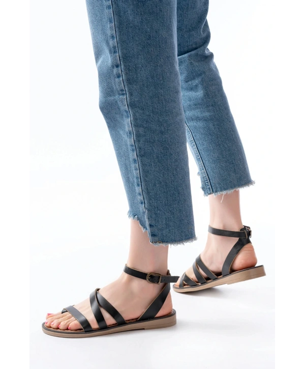 205-08 Siyah Ortopedik Hakiki Deri Kadın Sandalet