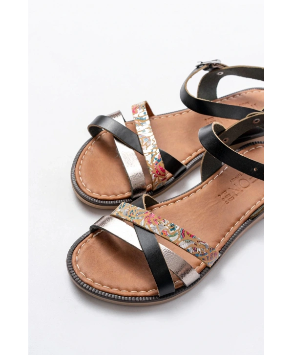 205-015 Siyah Garni Ortopedik Hakiki Deri  Kadın Sandalet