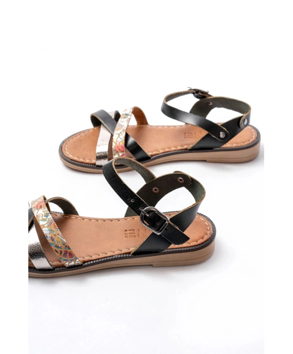 205-015 Siyah Garni Ortopedik Hakiki Deri  Kadın Sandalet