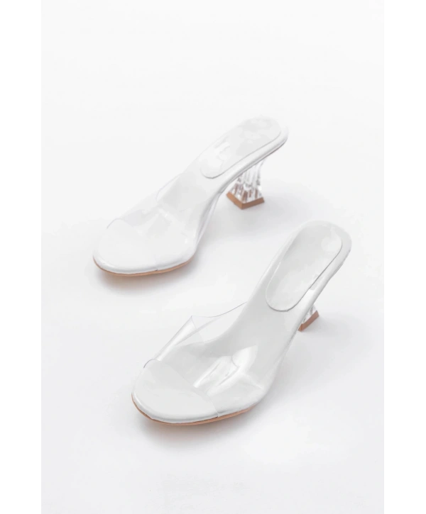 S-619 Beyaz Rugan Şeffaf Bantlı Şeffaf Topuklu Yuvarlak Burunlu Kadın Terlik