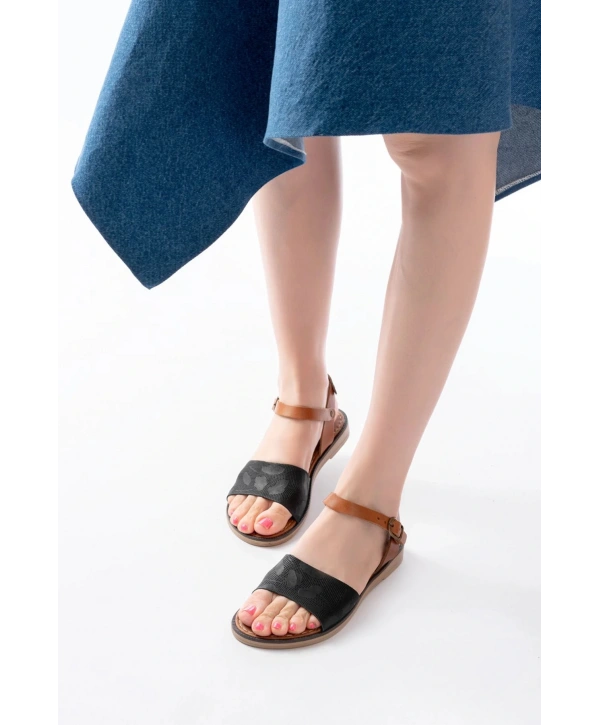 205-012 Siyah Ortopedik Hakiki Deri Kadın Sandalet