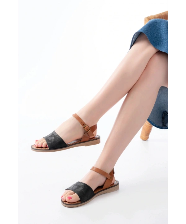 205-012 Siyah Ortopedik Hakiki Deri Kadın Sandalet