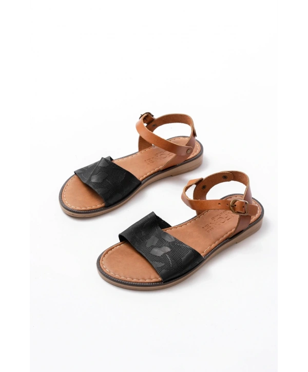 205-012 Siyah Ortopedik Hakiki Deri Kadın Sandalet