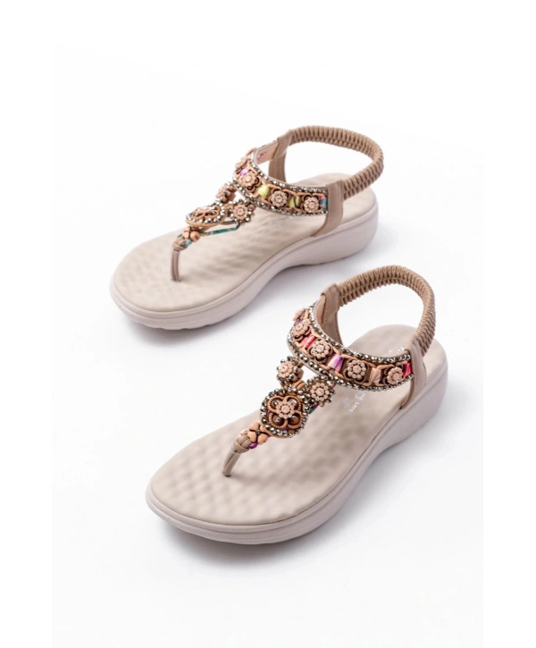 DM-609 Bej Taşlı Arka Lastikli Parmak Arası Kadın Sandalet