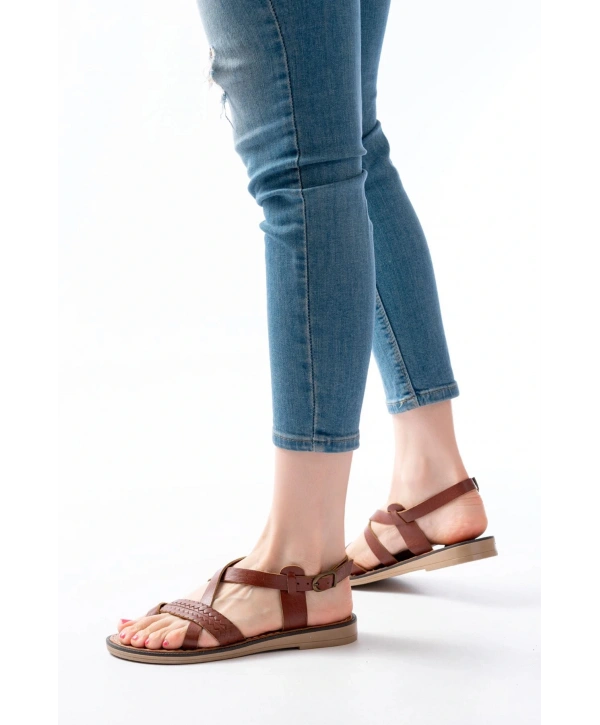 205-09 Koyu Kahve Ortopedik Hakiki Deri Kadın Sandalet