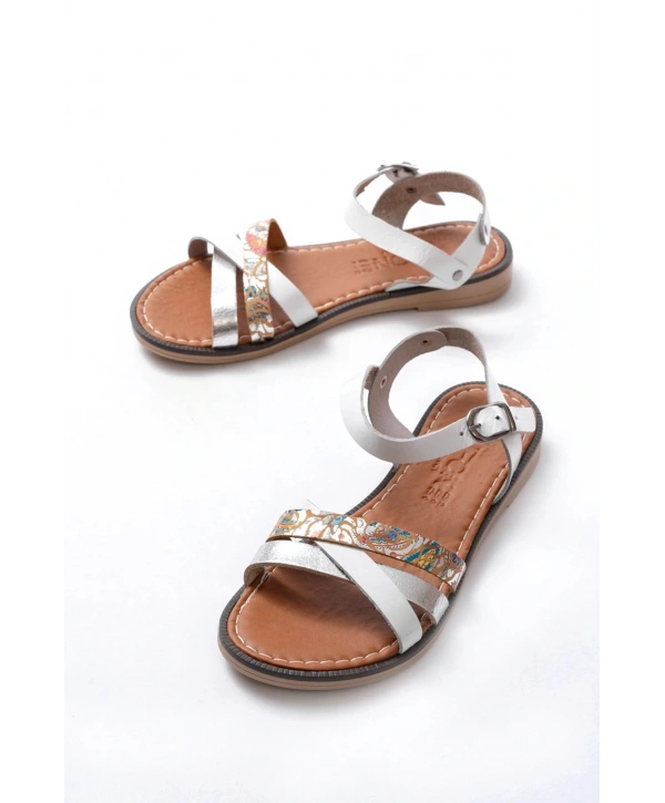 205-015 Beyaz Garni Ortopedik Hakiki Deri Kadın Sandalet