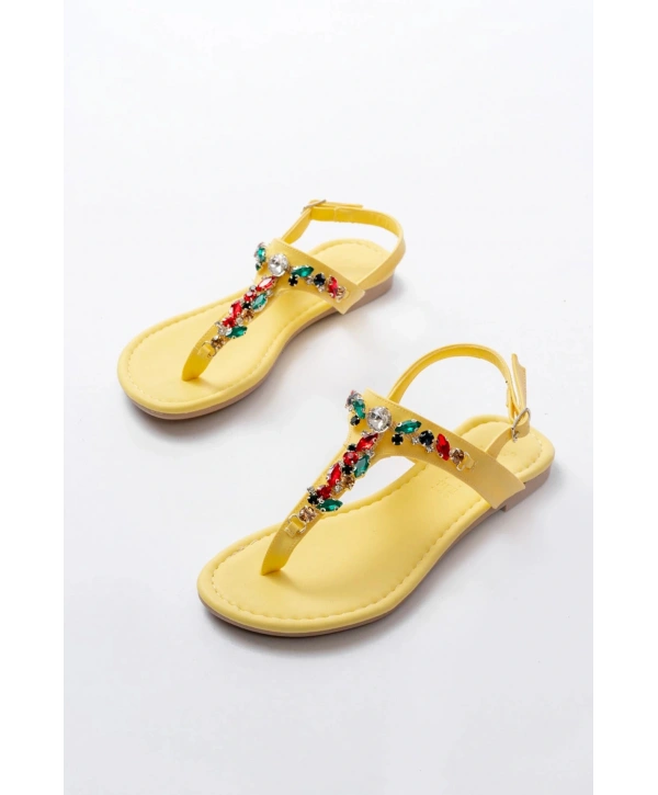 152-1110 Sarı Multi Taşlı Parmak Arası Kadın Sandalet