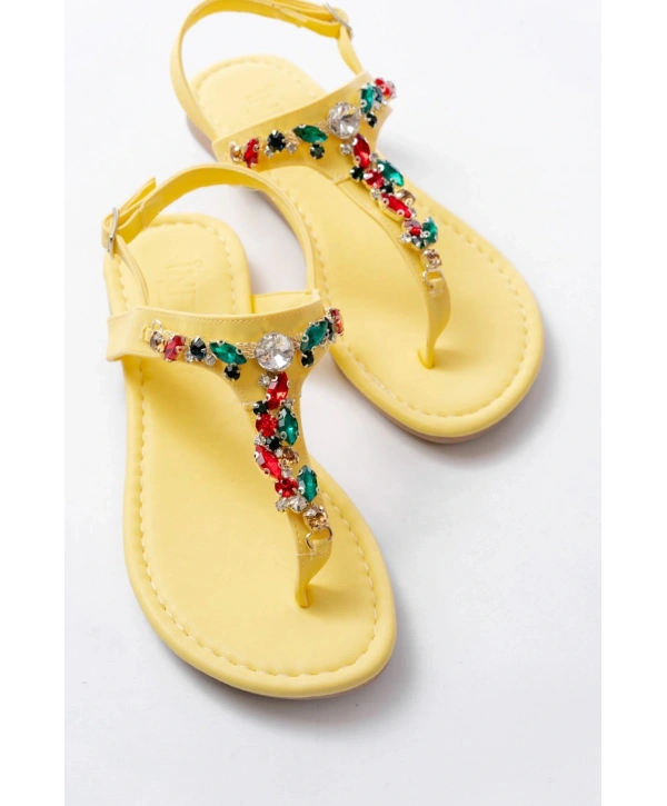 152-1110 Sarı Multi Taşlı Parmak Arası Kadın Sandalet