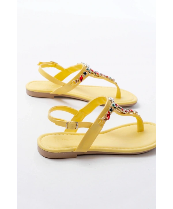 152-1110 Sarı Multi Taşlı Parmak Arası Kadın Sandalet
