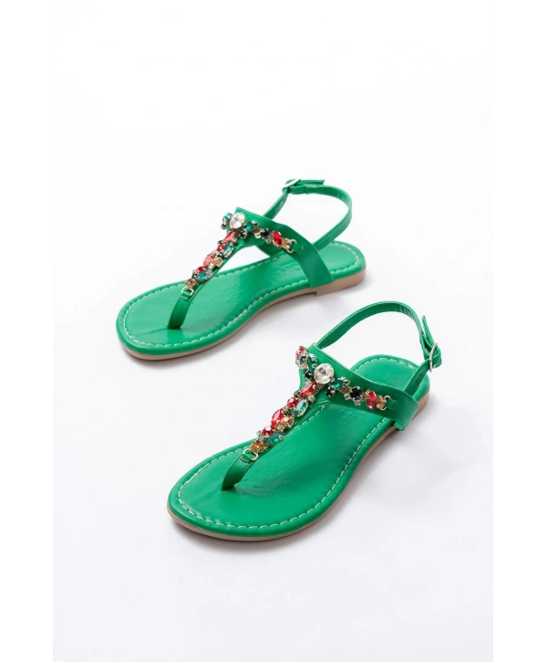 152-1110 Çimen Yeşili Multi Taşlı Parmak Arası Kadın Sandalet