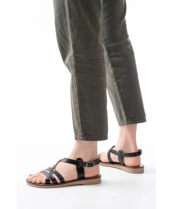 205-05 Siyah Ortopedik Hakiki Deri Kadın Sandalet