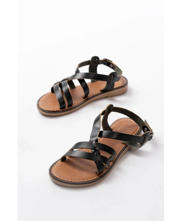 205-05 Siyah Ortopedik Hakiki Deri Kadın Sandalet