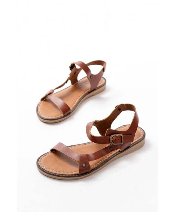 205-090 Koyu Kahve  Hakiki Deri Tokalı Kadın Sandalet