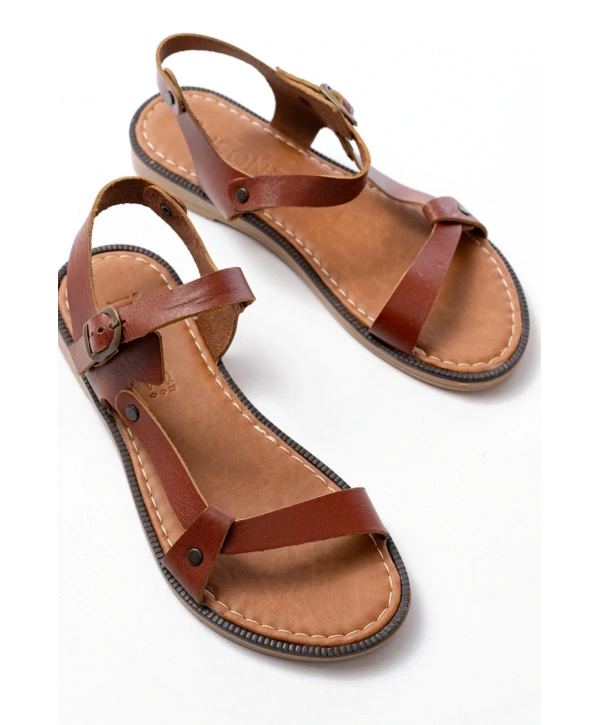 205-090 Koyu Kahve  Hakiki Deri Tokalı Kadın Sandalet