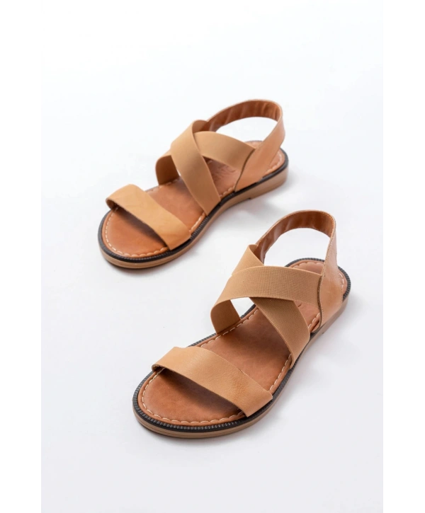 205-04 Bej Tek Bantlı Lastikli Hakiki Deri Ortopedik Taban Kadın Sandalet