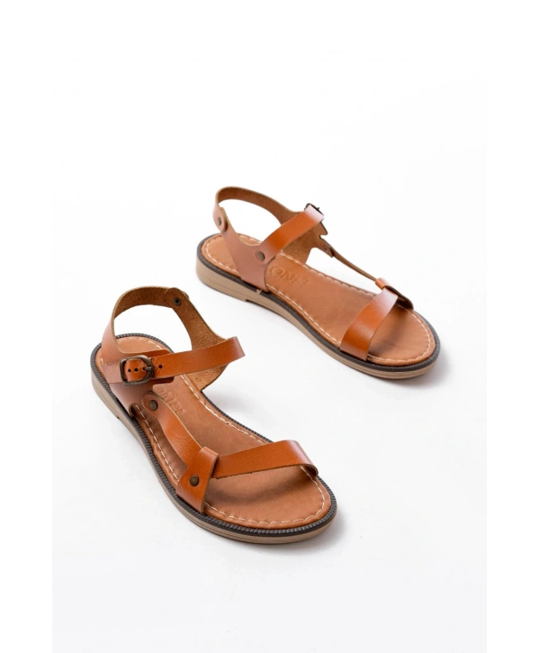 205-090 Taba  Hakiki Deri Tokalı Kadın Sandalet