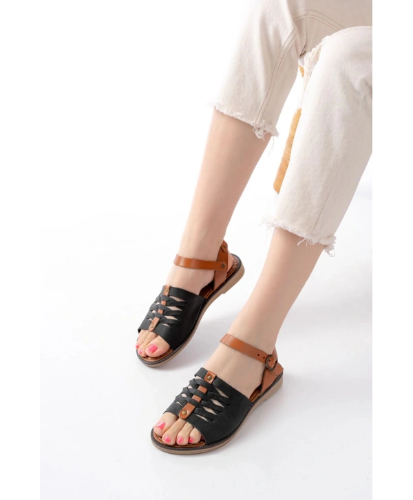 205-029 Siyah Ortopedik Hakiki Deri Kadın Sandalet