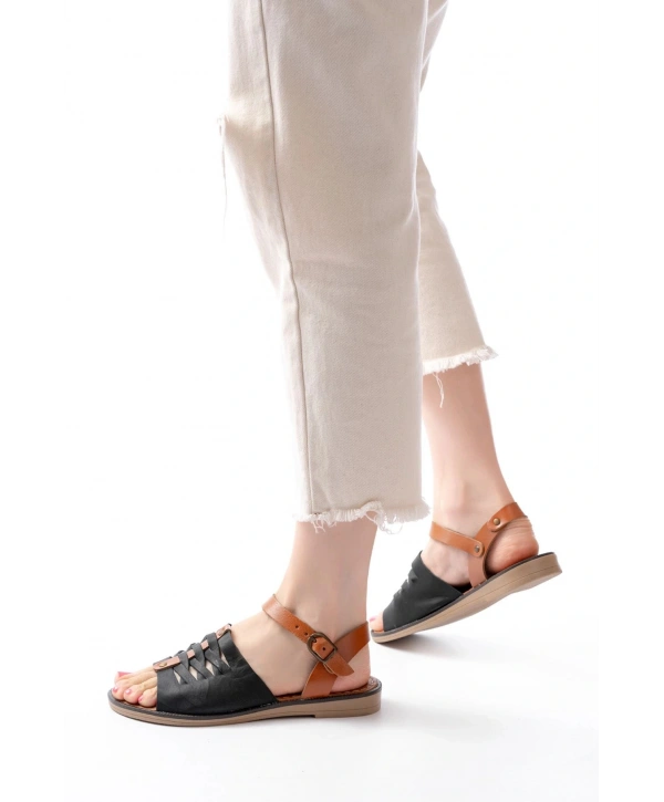 205-029 Siyah Ortopedik Hakiki Deri Kadın Sandalet