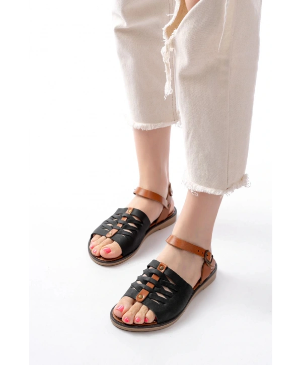 205-029 Siyah Ortopedik Hakiki Deri Kadın Sandalet