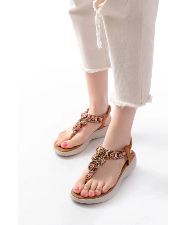 DM-609 Taba Taşlı Arka Lastikli Parmak Arası Kadın Sandalet