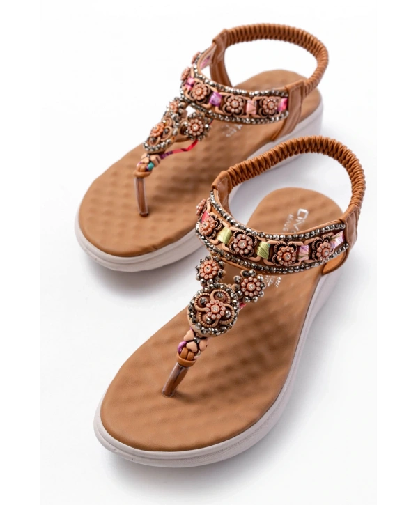 DM-609 Taba Taşlı Arka Lastikli Parmak Arası Kadın Sandalet