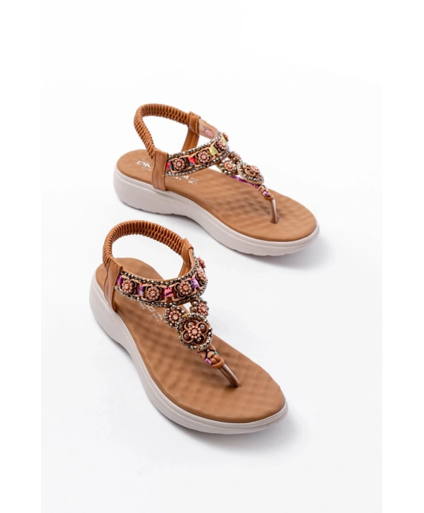 DM-609 Taba Taşlı Arka Lastikli Parmak Arası Kadın Sandalet