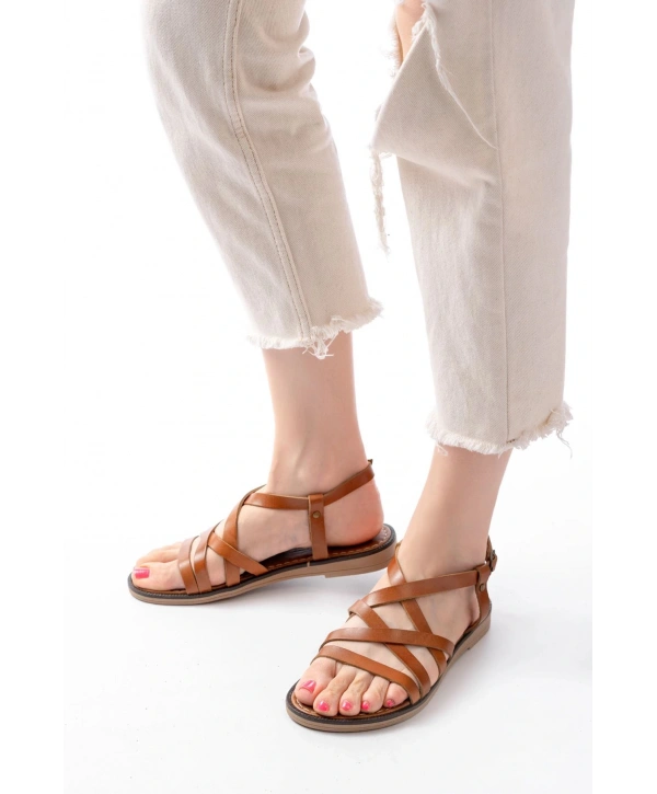 205-017 Taba Ortopedik Hakiki Deri Kadın Sandalet