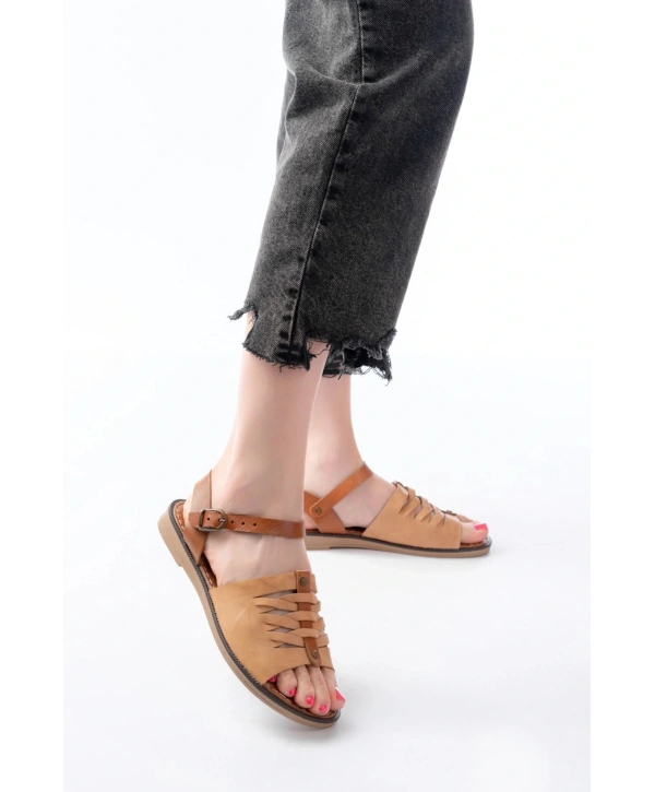 205-029 Bej Ortopedik Hakiki Deri Kadın Sandalet