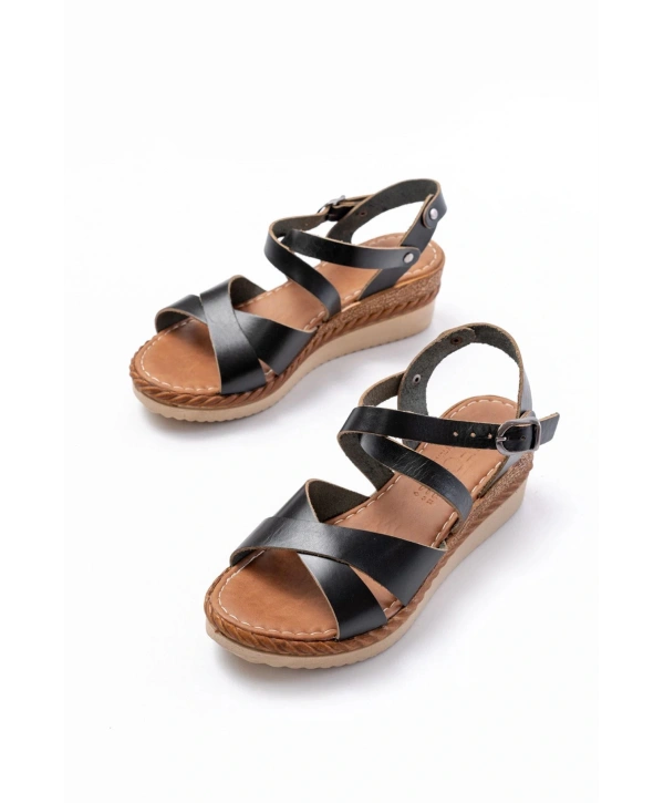 731-045 Siyah Çapraz Hakiki Deri Dolgu Topuklu Günlük Kadın Sandalet