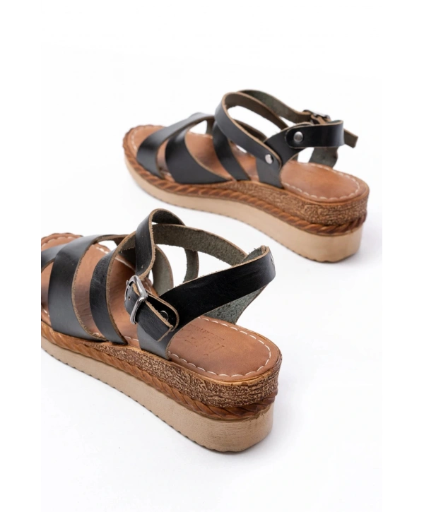 731-045 Siyah Çapraz Hakiki Deri Dolgu Topuklu Günlük Kadın Sandalet