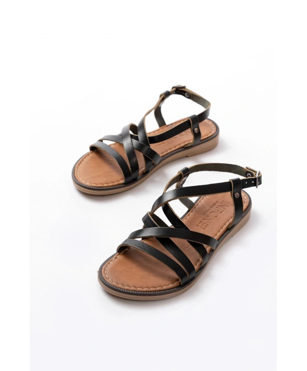 205-017 Siyah Ortopedik Hakiki Deri Kadın Sandalet