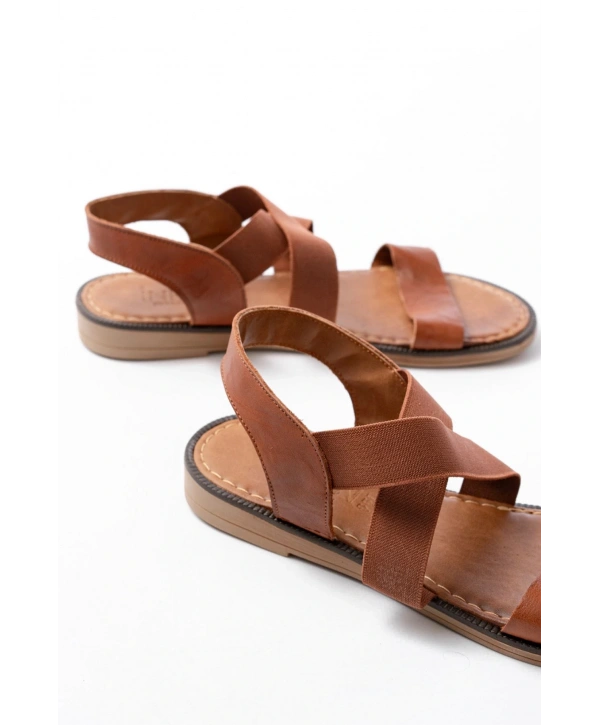 205-04 Taba Tek Bantlı Lastikli Hakiki Deri Ortopedik Taban Kadın Sandalet